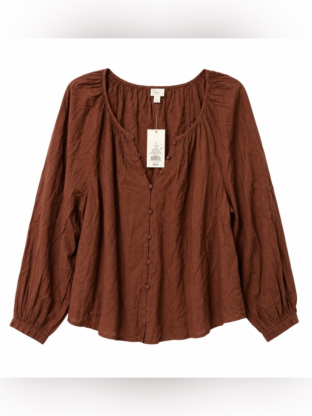 A New Day Brown Blouse Size amidium Femenine gathered neckline ballon sleeve nwt